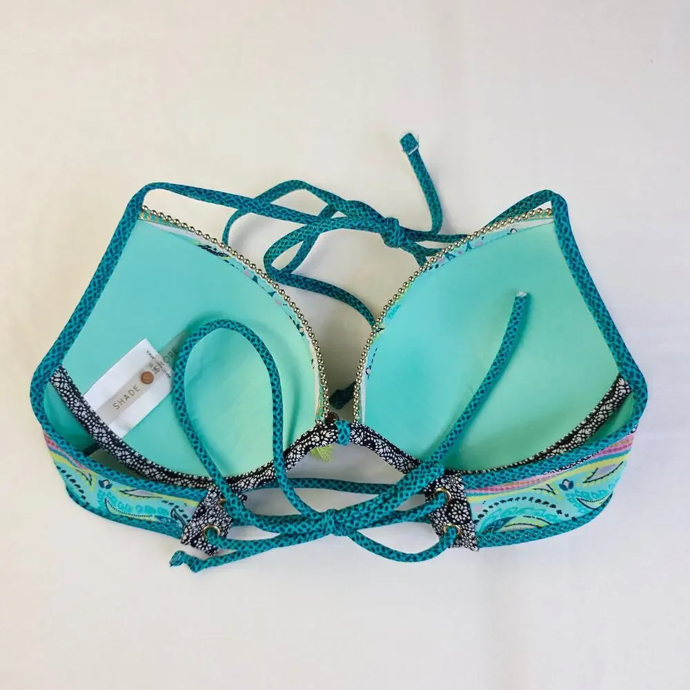 Shade & Shore Padded Bikini Top 34B Teal Paisley Tassel Underwire Boho Swim